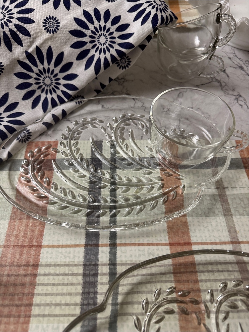 Perfect Vintage Condition Clear Glass Leaf-Pattern Luncheon plate and Cup Set.